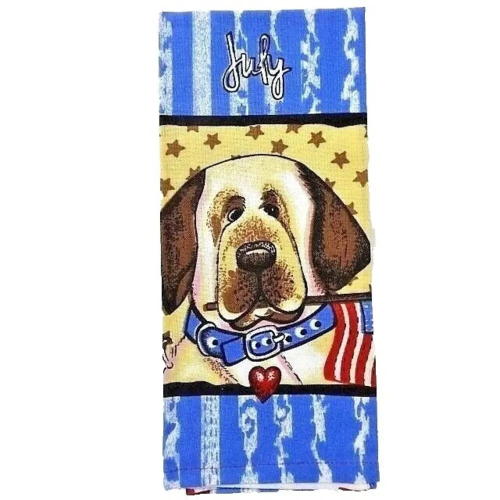 July Patriotic Dog Kitchen Tea Towel Cotton American USA Flag Stars Hearts NEW